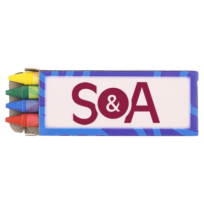Cardboard blue 4 pack crayons with logoed imprint.