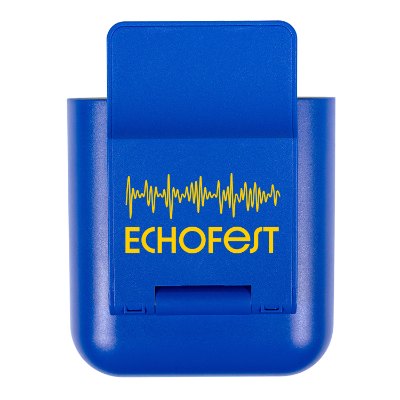 Plastic blue wireless charger with a custom logo.