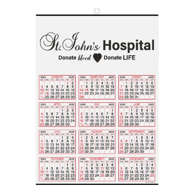 Red year at a glance calendar with branded logo.