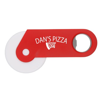 Plastic red metal pizza slicer with metal bottle opener imprinted.