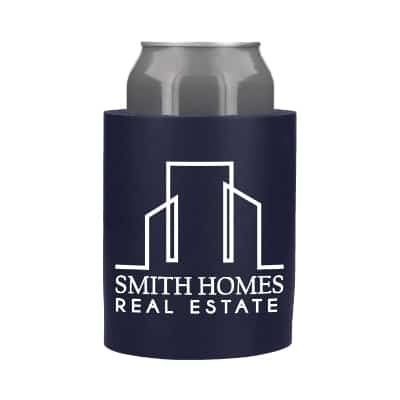 Thick foam navy blue can cooler with custom logo.