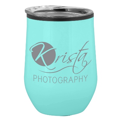 Teal wine tumbler with custom logo.