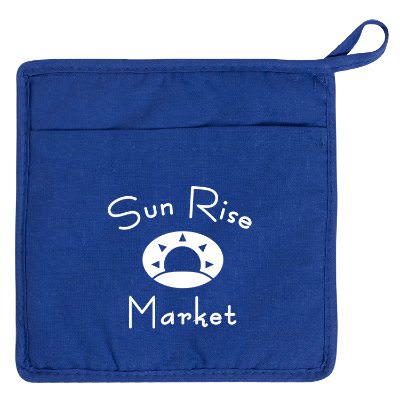 Cotton royal blue pot holder with imprint.