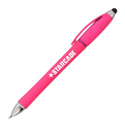 Pink plastic highlighter with a branded imprint.