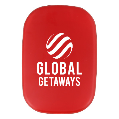 Red plastic sewing kit with a custom logo.