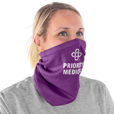 Purple polyester neck gaiter with a custom logo.