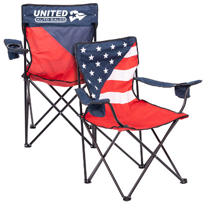 Patriotic polyester chair with a personalized logo.