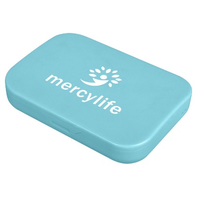 Light blue plastic manicure set with a custom imprint.