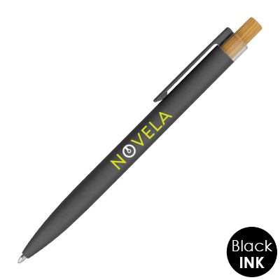 Gunmetal aluminum pen with a branded imprint.