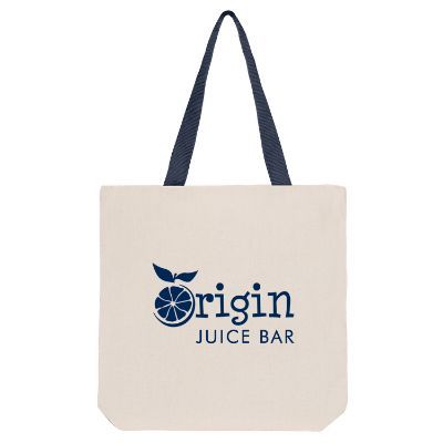Natural cotton tote bag with navy handles, custom logo and reinforced handles.