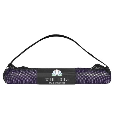 Purple yoga mat with full color logo on carrying bag.