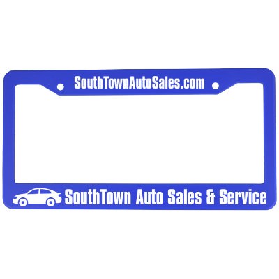 Plastic license plate frame with custom imprint.