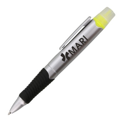 Yellow plastic highlighter with a branded logo.