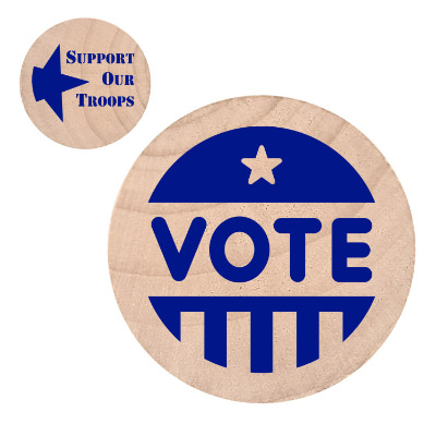 Natural wooden nickel with a custom logo.