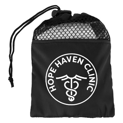 Black polyester massager with a branded logo.
