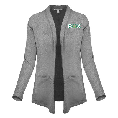 Personalized gray cardigan with full color logo.