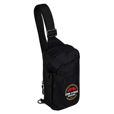 Black sling bag with personalized full-color imprint.