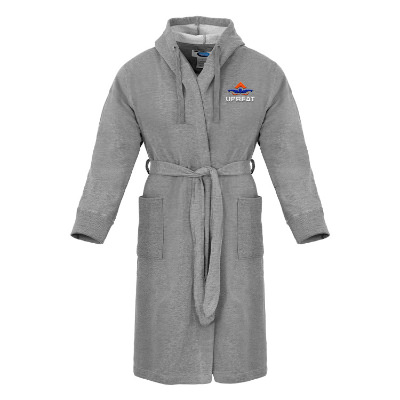 Gray cotton polyester robe with custom embroidered imprint.