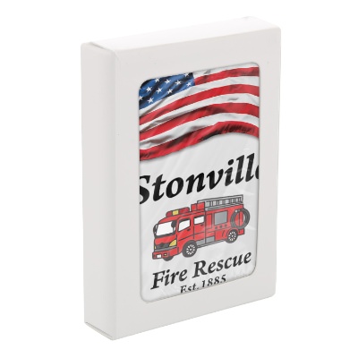 Patriotic paper playing cards with a custom logo.