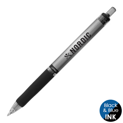 Black plastic pen with a personalized imprint.