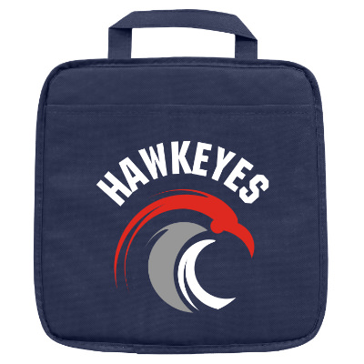 Navy polyester chair with a custom logo.