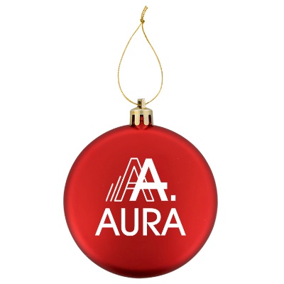 Red plastic ornament with a branded logo