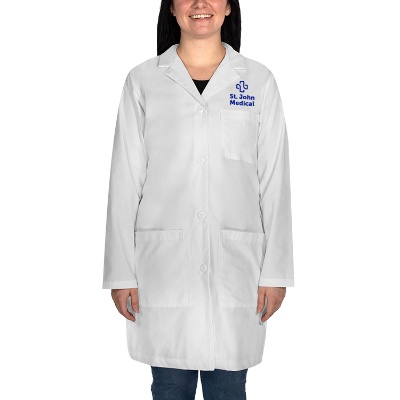 Ladies custom white imprinted lab coat.