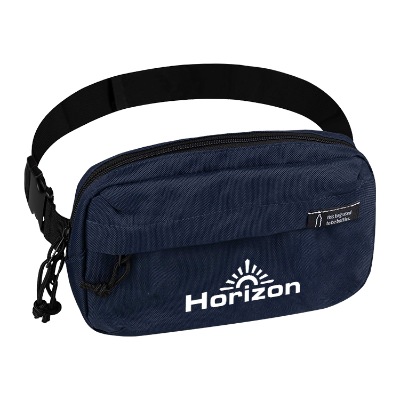 Navy waist pack with white custom imprint.