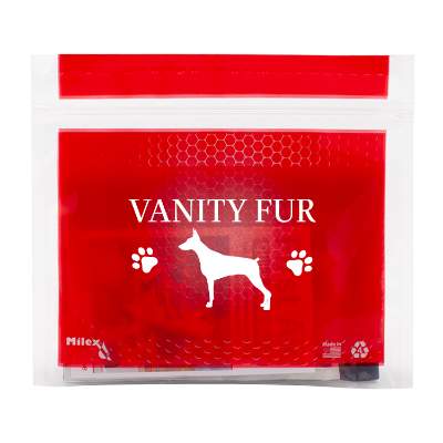 Red pet safety and first aid kit with custom imprint.