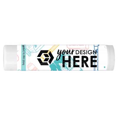 Multicolored background branded lip balm with a custom logo.