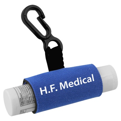 Blue neoprene lip balm holder with a personalized logo.