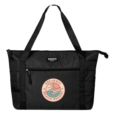 Black polyester cooler with a branded logo.