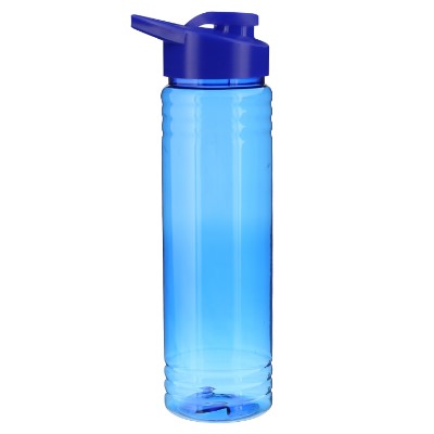 Plastic blue sports bottle with snap lid in 24 oz.