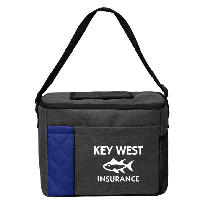 Blue polyester cooler with a customized logo.