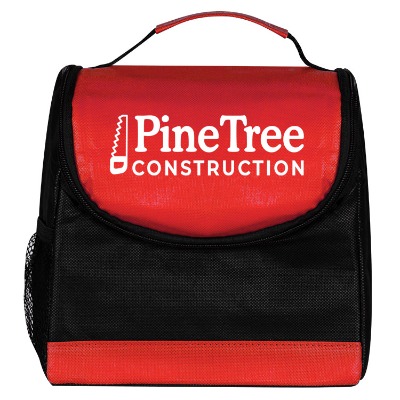 Red polypropylene lunch cooler bag with custom logo.