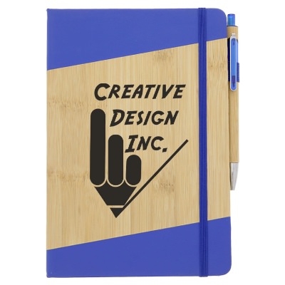 Personalized bamboo journaling set with blue accents.