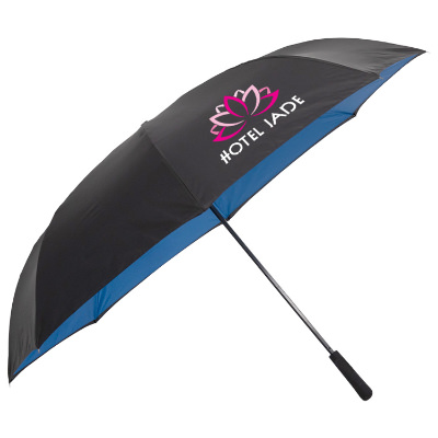 Blue inversion umbrella with custom full color imprint.