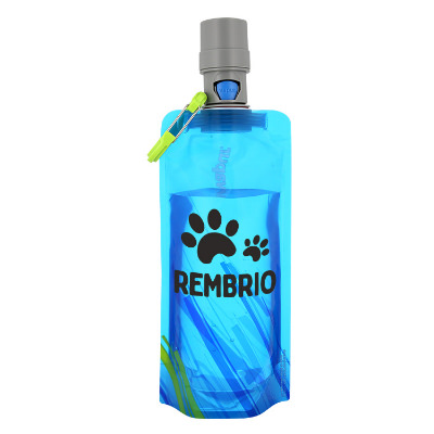 Blue drink pouch with custom logo.