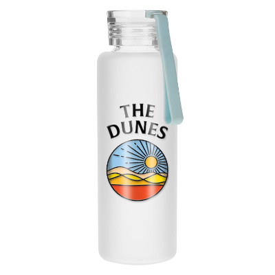 Glass water bottle with custom logo with elevated ink in 16 oz.