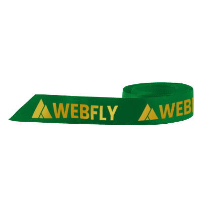 Green polyester ribbon with a branded imprint.