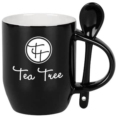 Ceramic black coffee mug with c-handle and custom printing in 11 ounces.