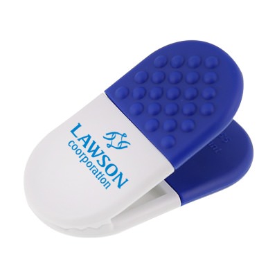 Plastic blue capsule magnet chip clip branded.