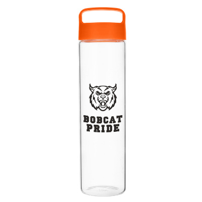 Glass water bottle with orange lid and custom logo in 20 oz.