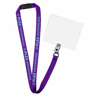 5/8 inch purple grosgrain polyester custom lanyard with breakaway and black j-hook.