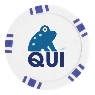 Blue plastic poker chip with a custom imprint.