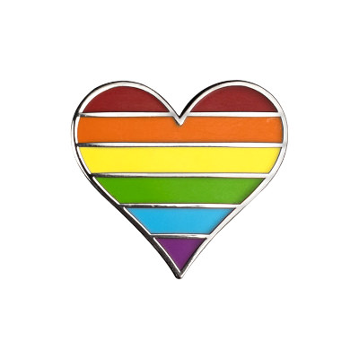 Rainbow metal lapel pin with a branded logo.