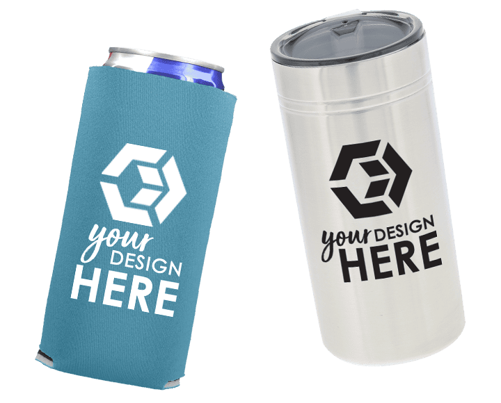 maroon slim can cooler with white imprint and blue slim can cooler with white imprint