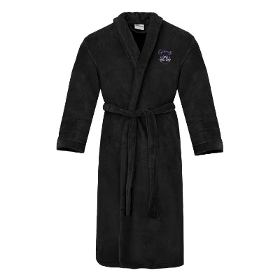 Polyester black robe with custom full-color logo.