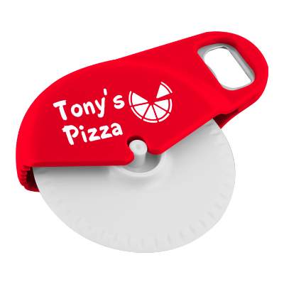 Red plastic pizza cutter with personalized promotional logo.