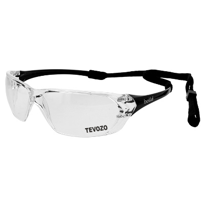 Black polycarbonate safety glasses with a branded logo.